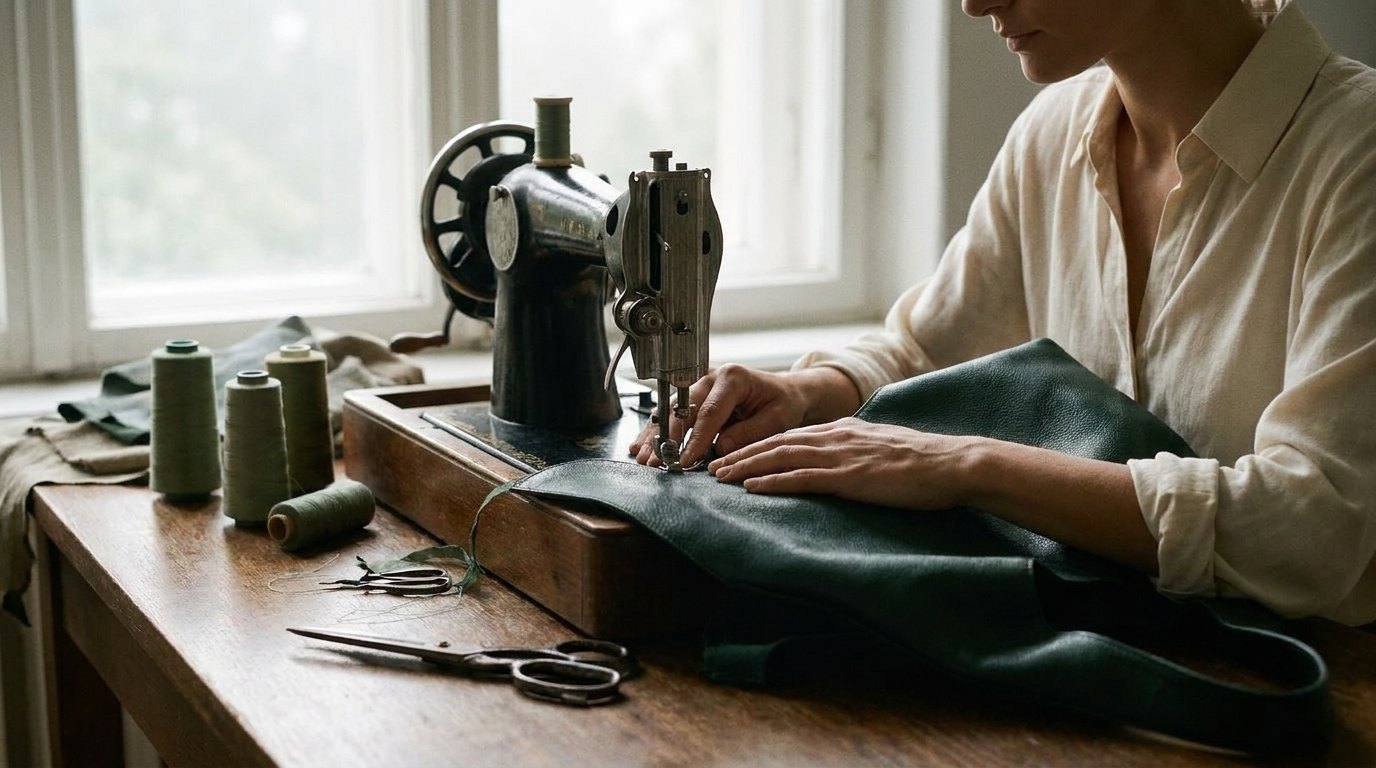 Mains d'une couturière guidant une étoffe verte sous la machine à coudre, à l'atelier